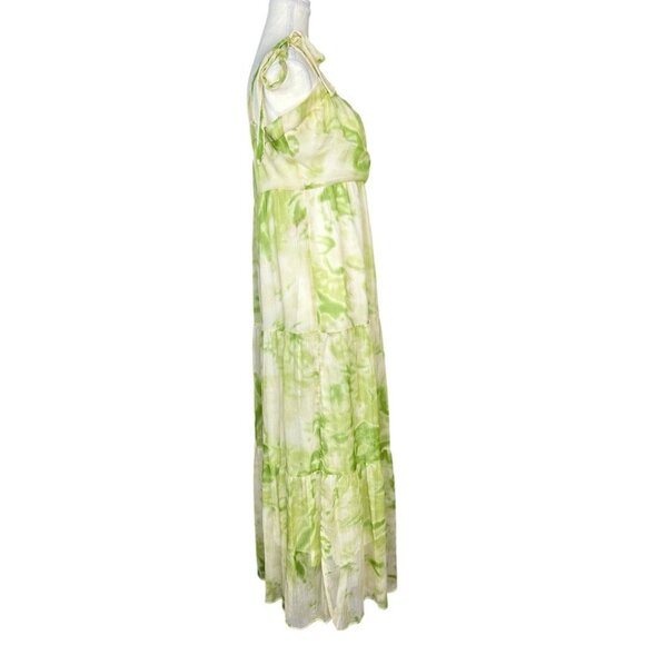 Line & Dot Women's Green Chiffon Tiered Square Neck Luxury Palm Maxi Dress L/C37 - Picture 2 of 16